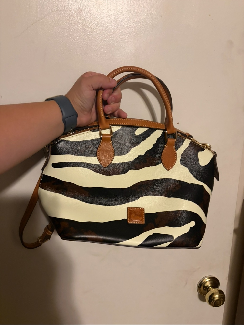 Dooney & Bourke Brown & Cream Zebra-Stripe Satchel with Tan Trim